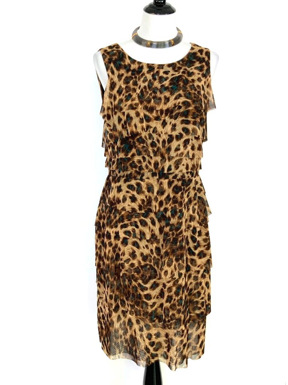New Kay Unger Tiered Ruffle Mesh Leopard Pattern Sleeveless Dress Large